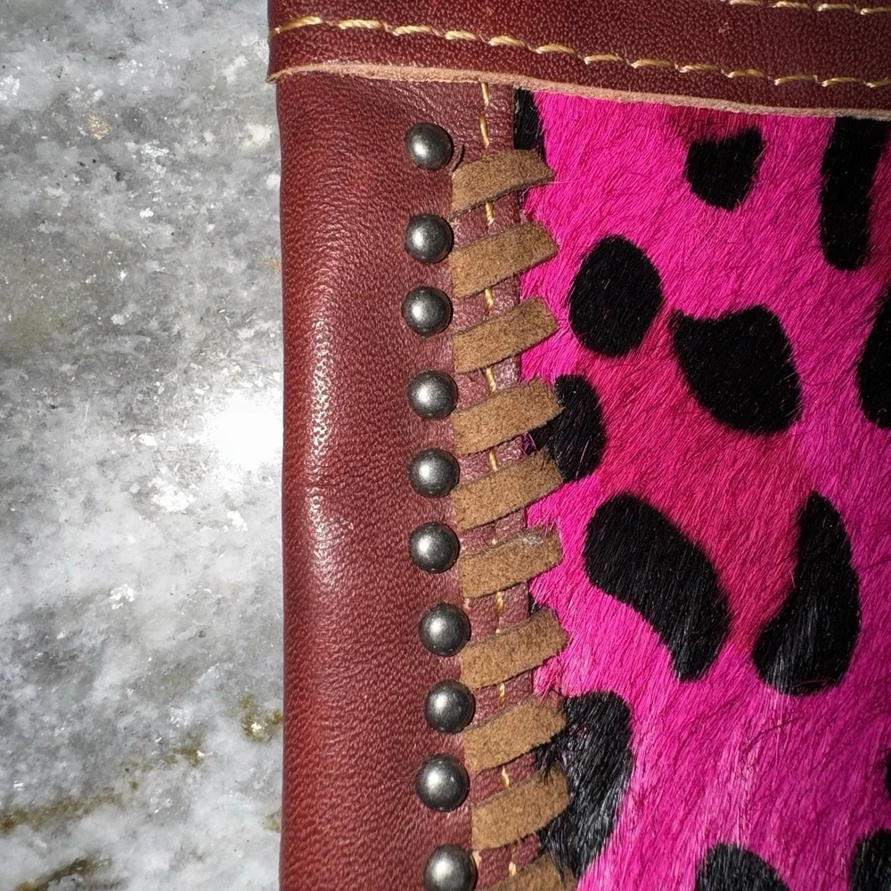 American Bling Leather Hand Bag Clutch Pink Cowhide Chain Strap - Picture 2 of 7